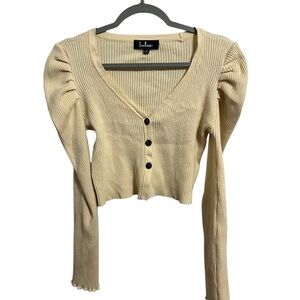WOMANS LuLus size large Cream Ribbed Cardigan with Puff Sleeves